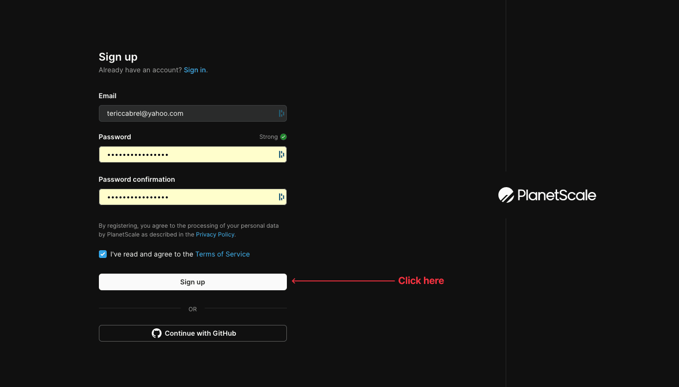 The PlanetScale sign-up page.