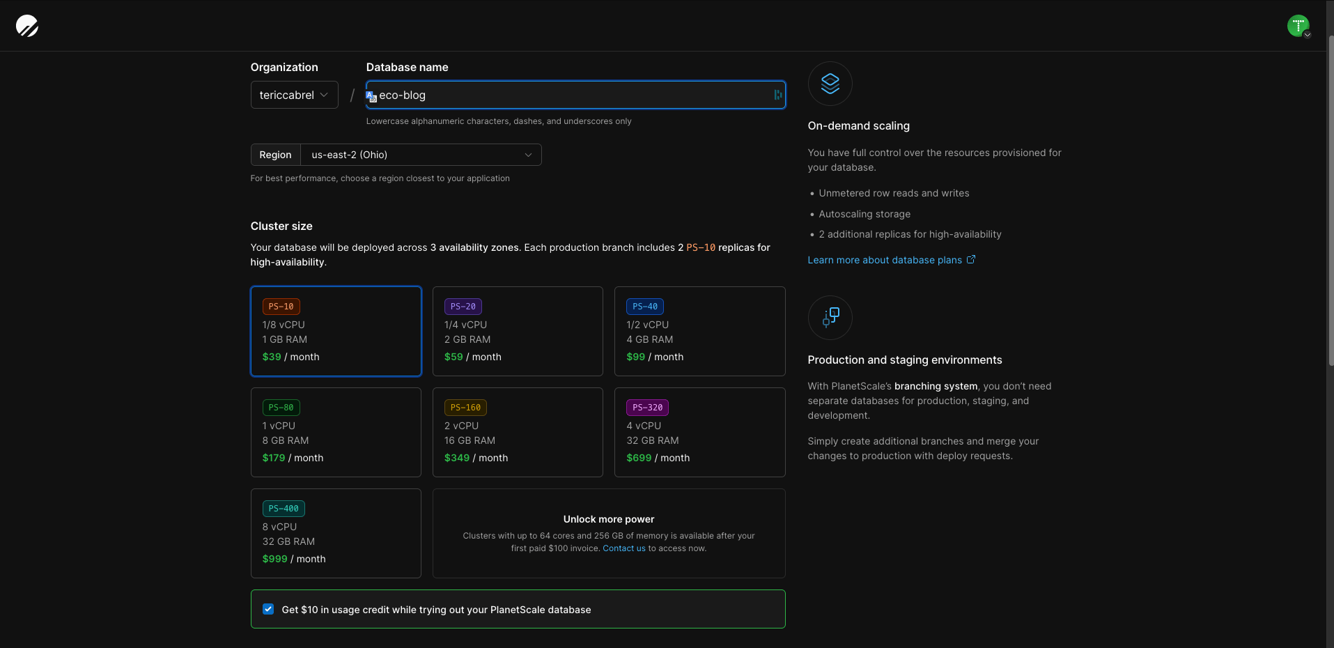 PlanetScale database instance configuration.