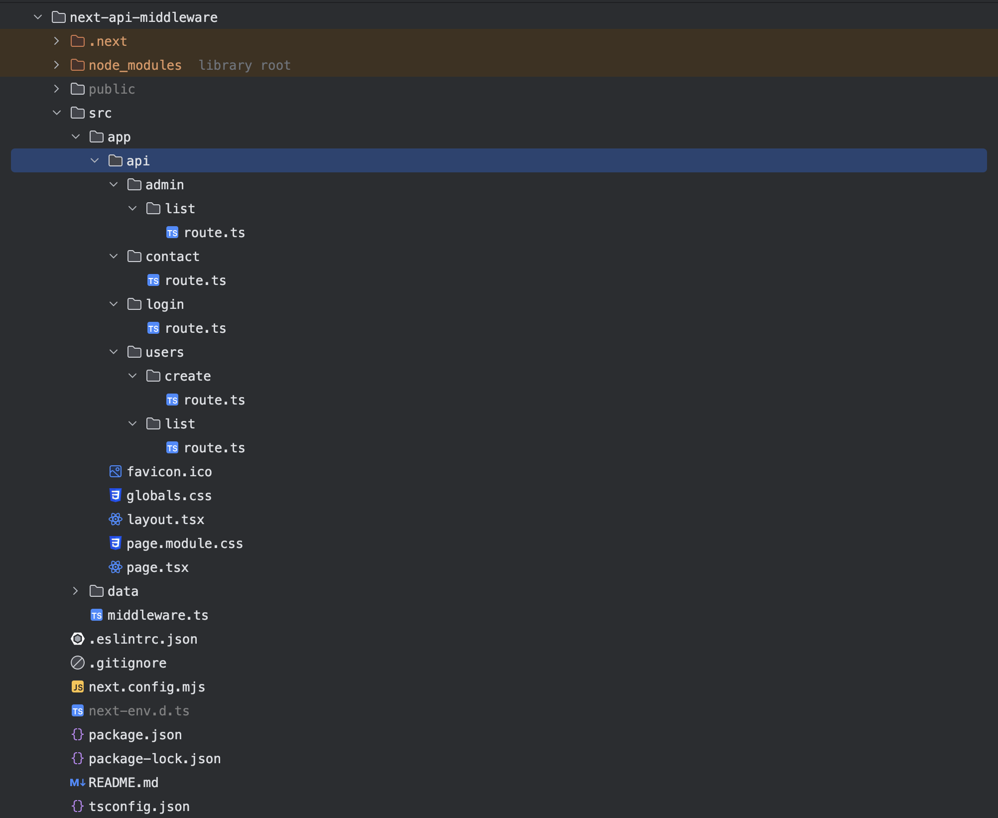 The project folder structure with the API routes.