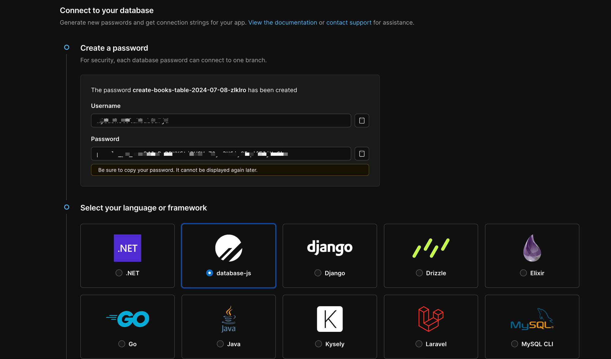 Generate credentials to connect to the database branch.