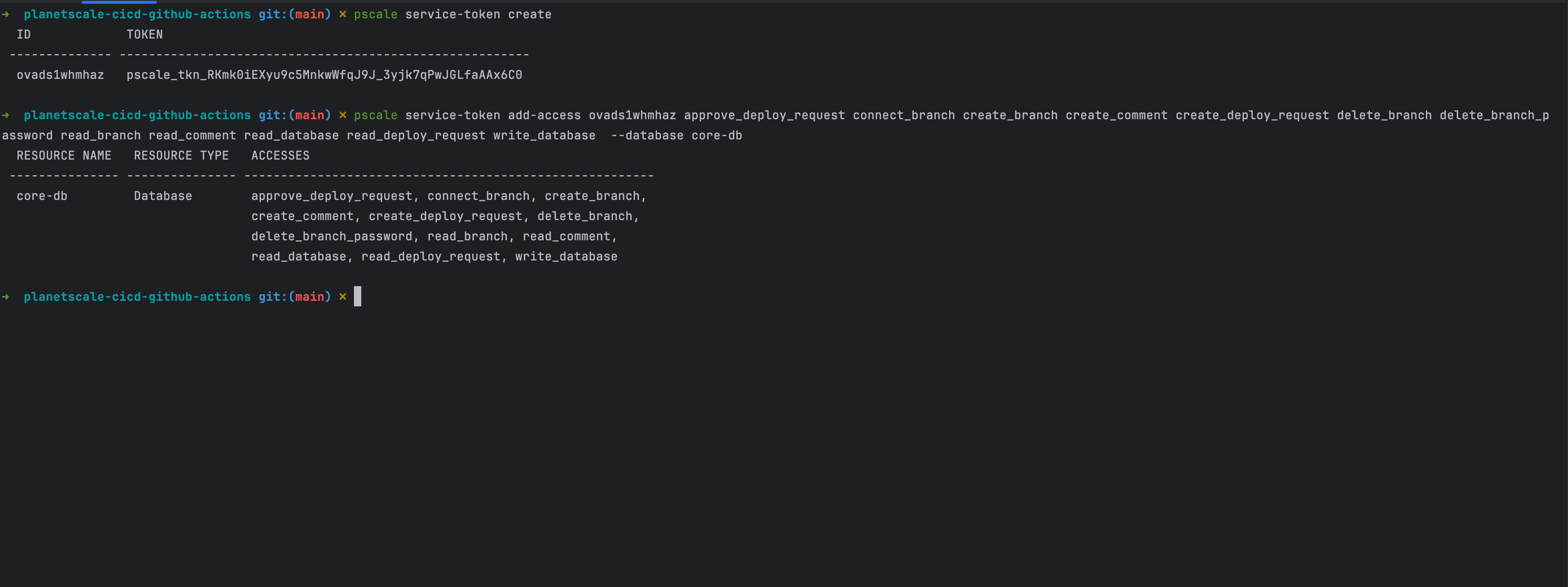 Create a service token using the PlanetScale CLI.