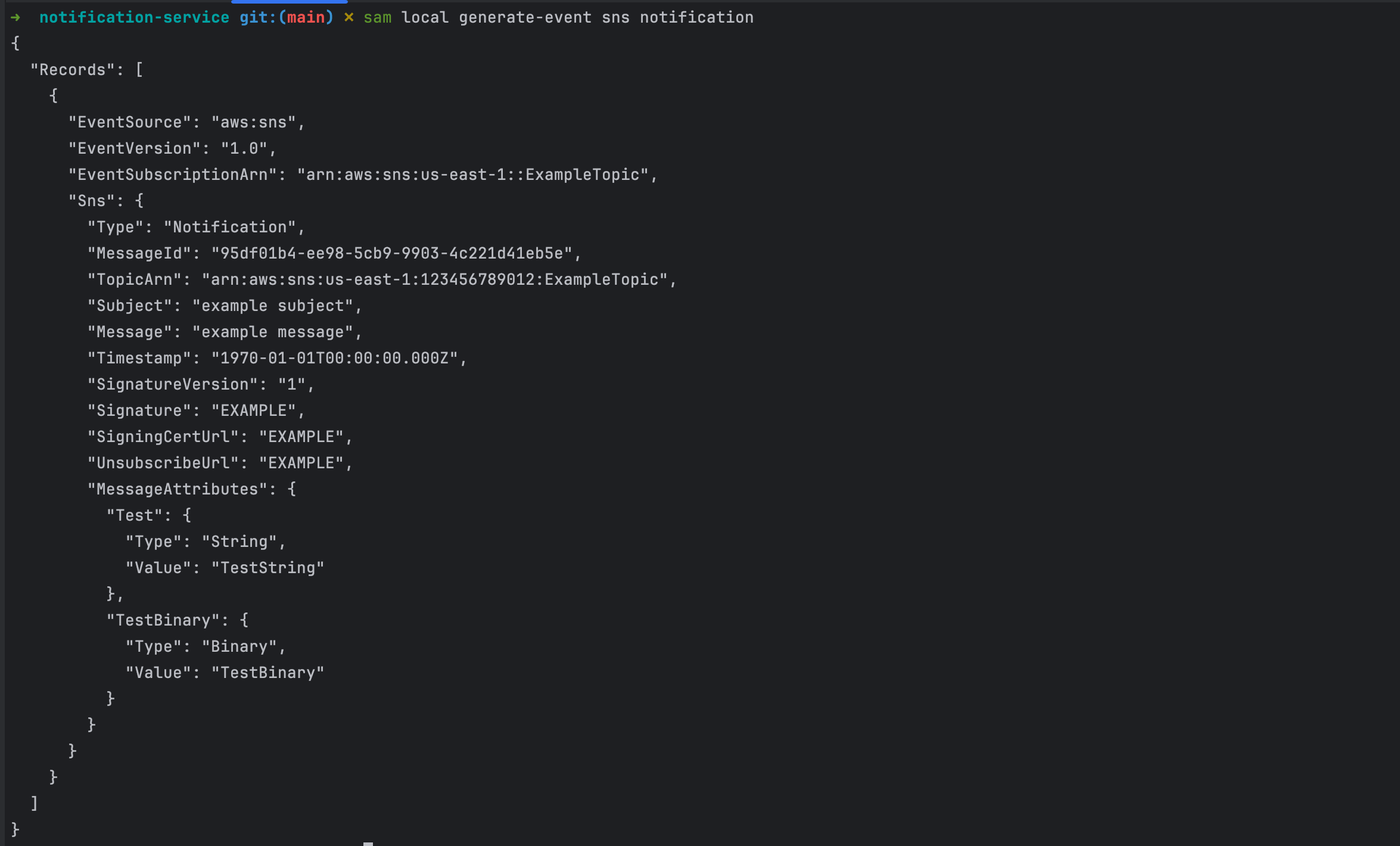 Generate an SNS event payload for local testing.