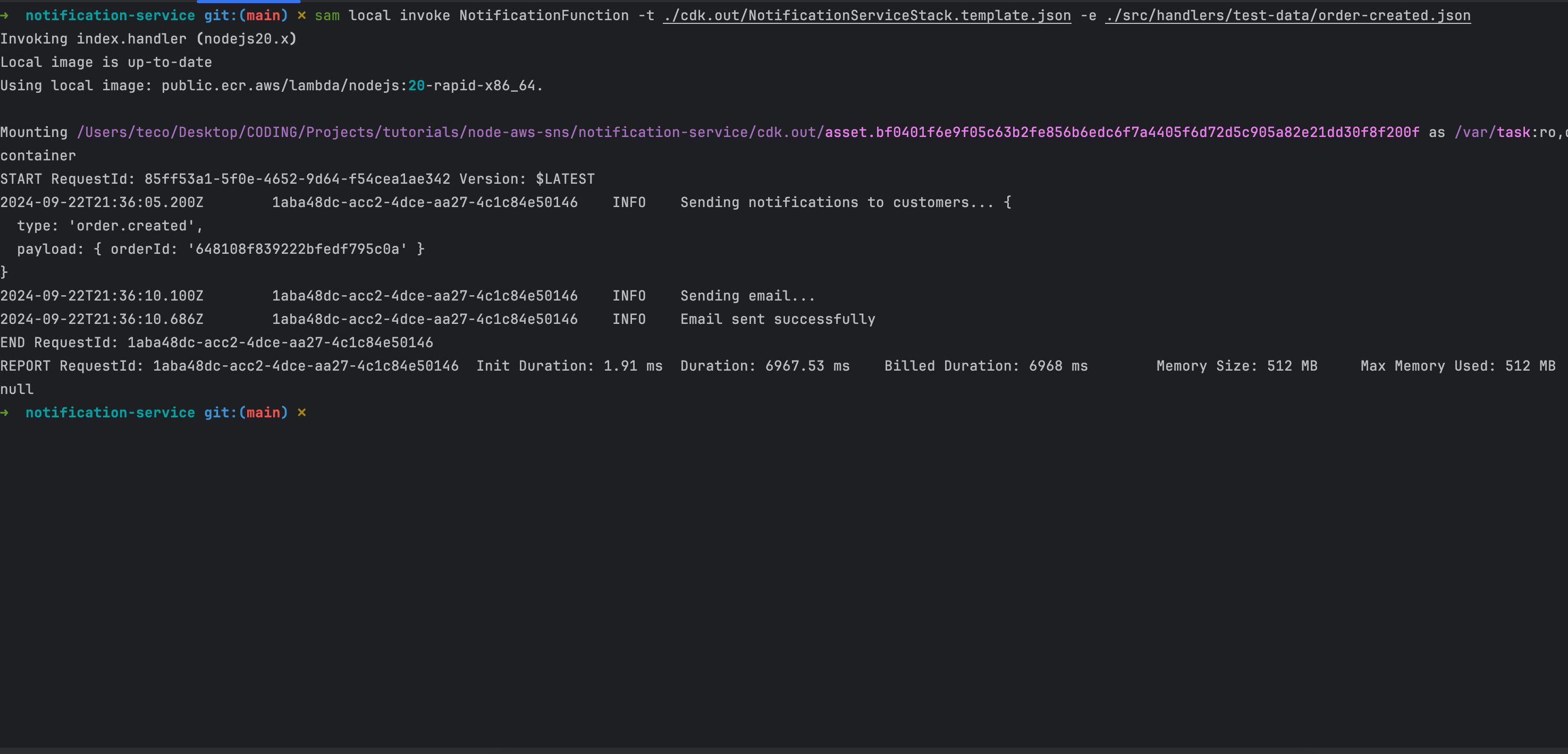 Testing locally the Lambda function handling an SNS event.