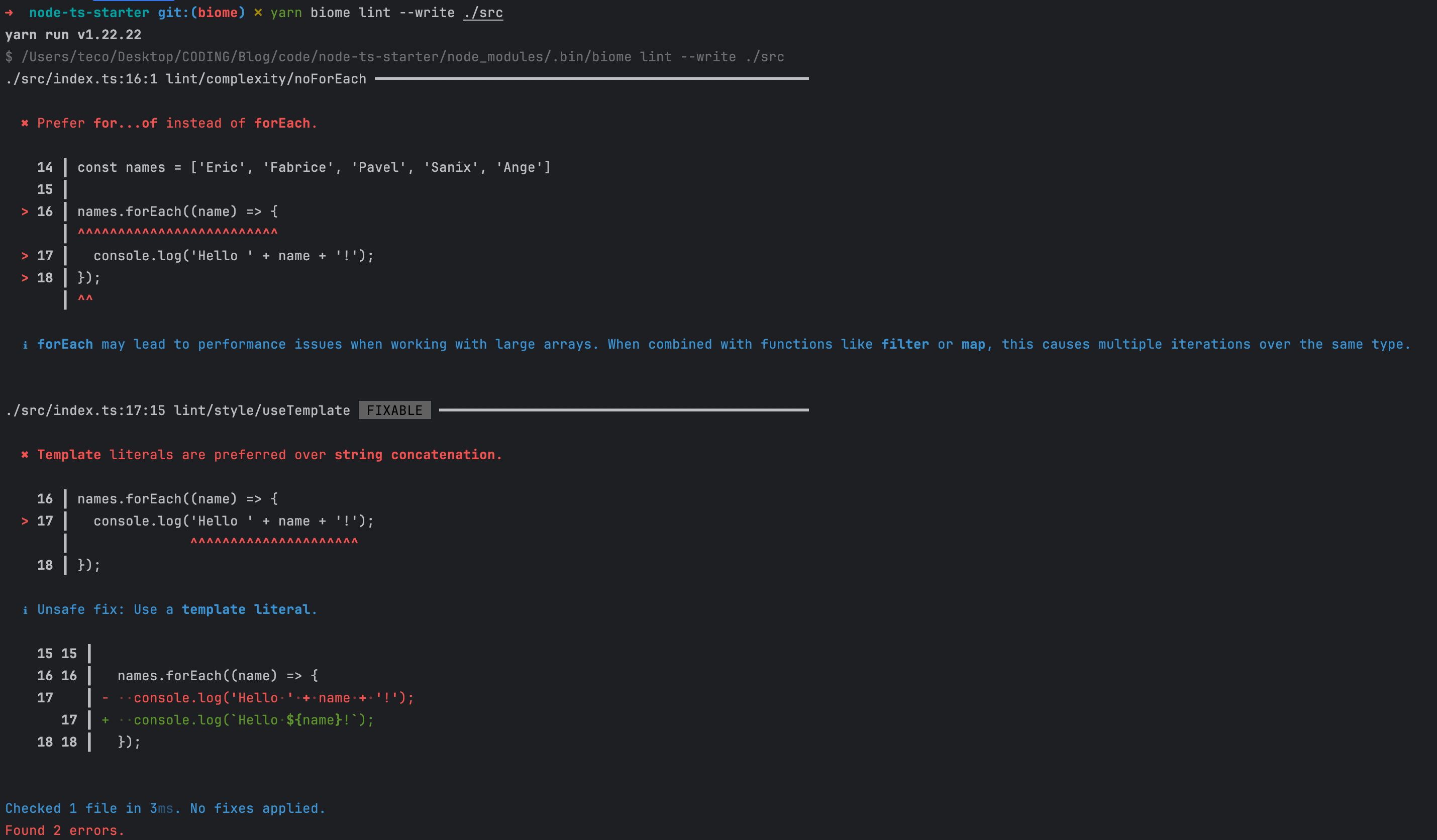 Set up a Node.js project with TypeScript and Biome