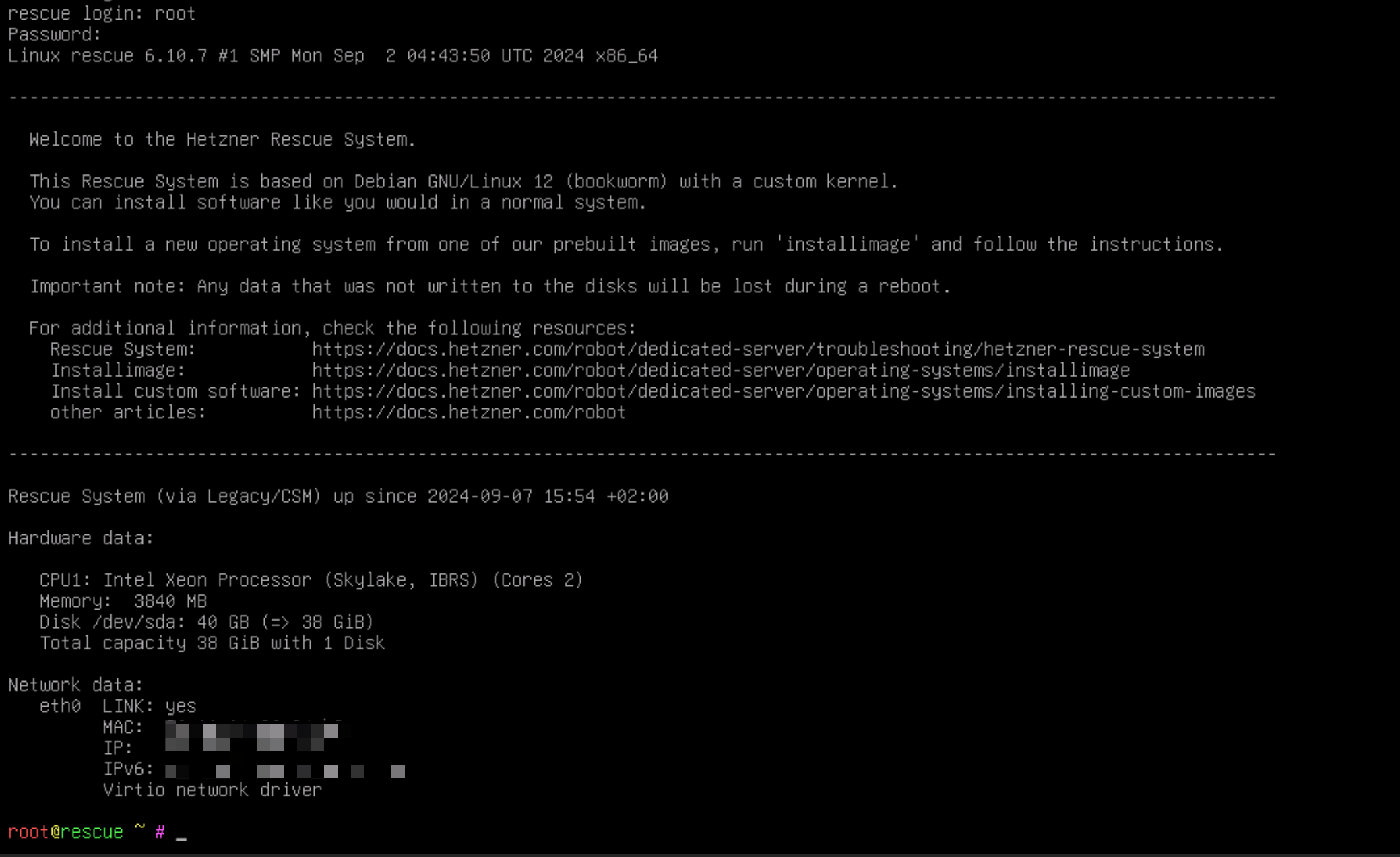 Successful SSH connection to the server in rescue mode.