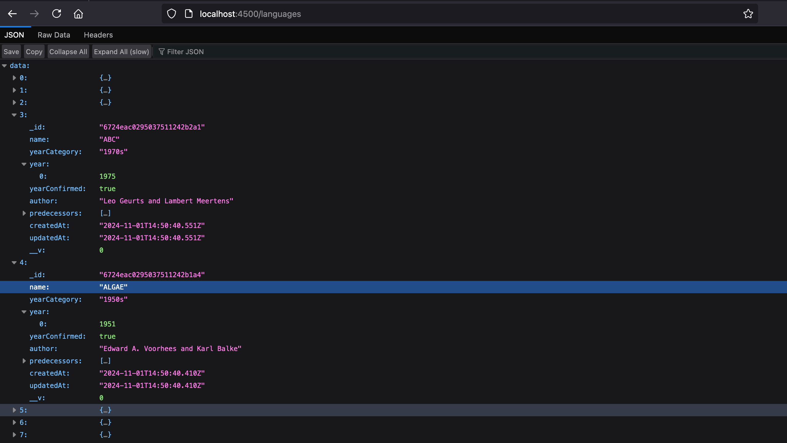 Retrieve the programming languages scraped and stored in MongoDB