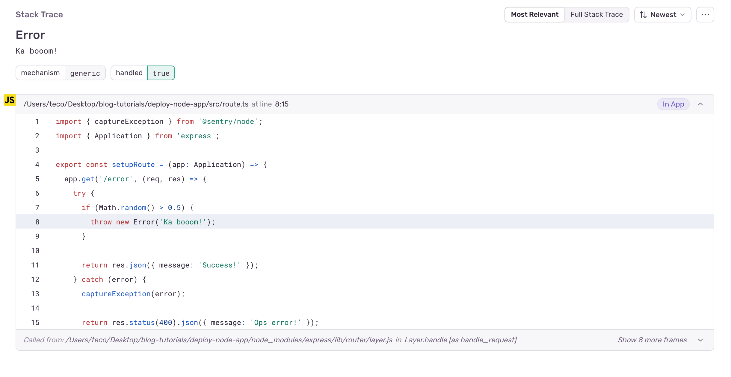 View in Sentry the error stack trace thrown in a Node.js application.