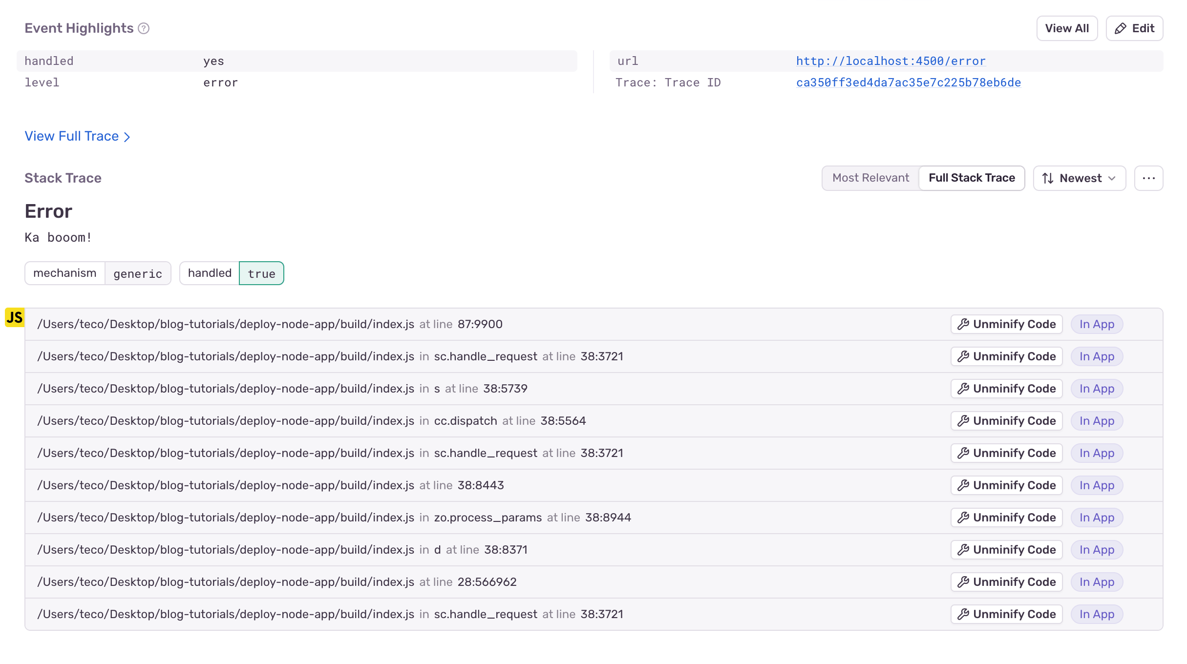 View in Sentry the error stack trace of the minified bundle of a Node.js application.