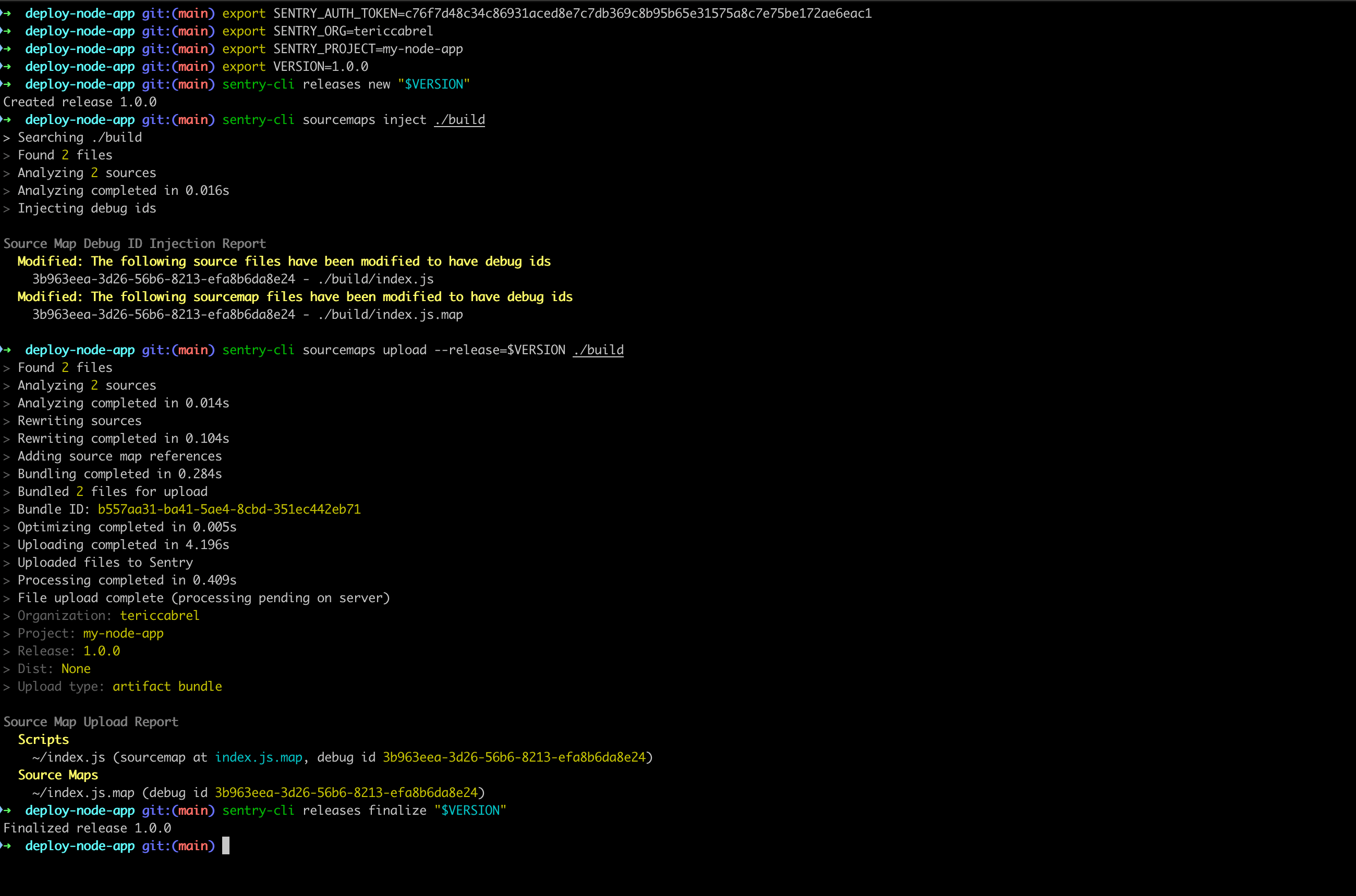 Create a release and upload source maps with the Sentry CLI.
