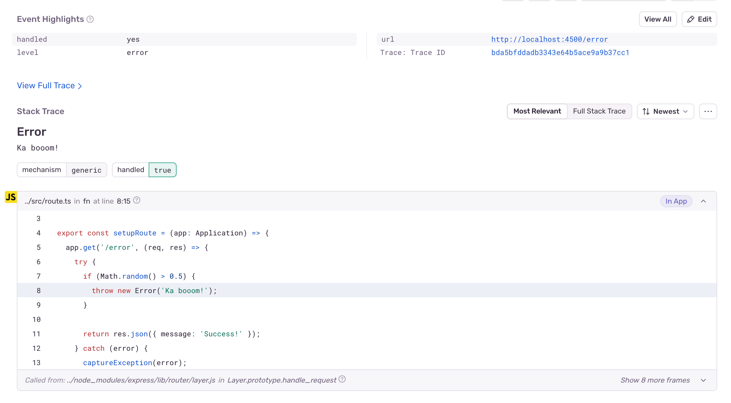 View in Sentry the error stack trace of the Node.js application.