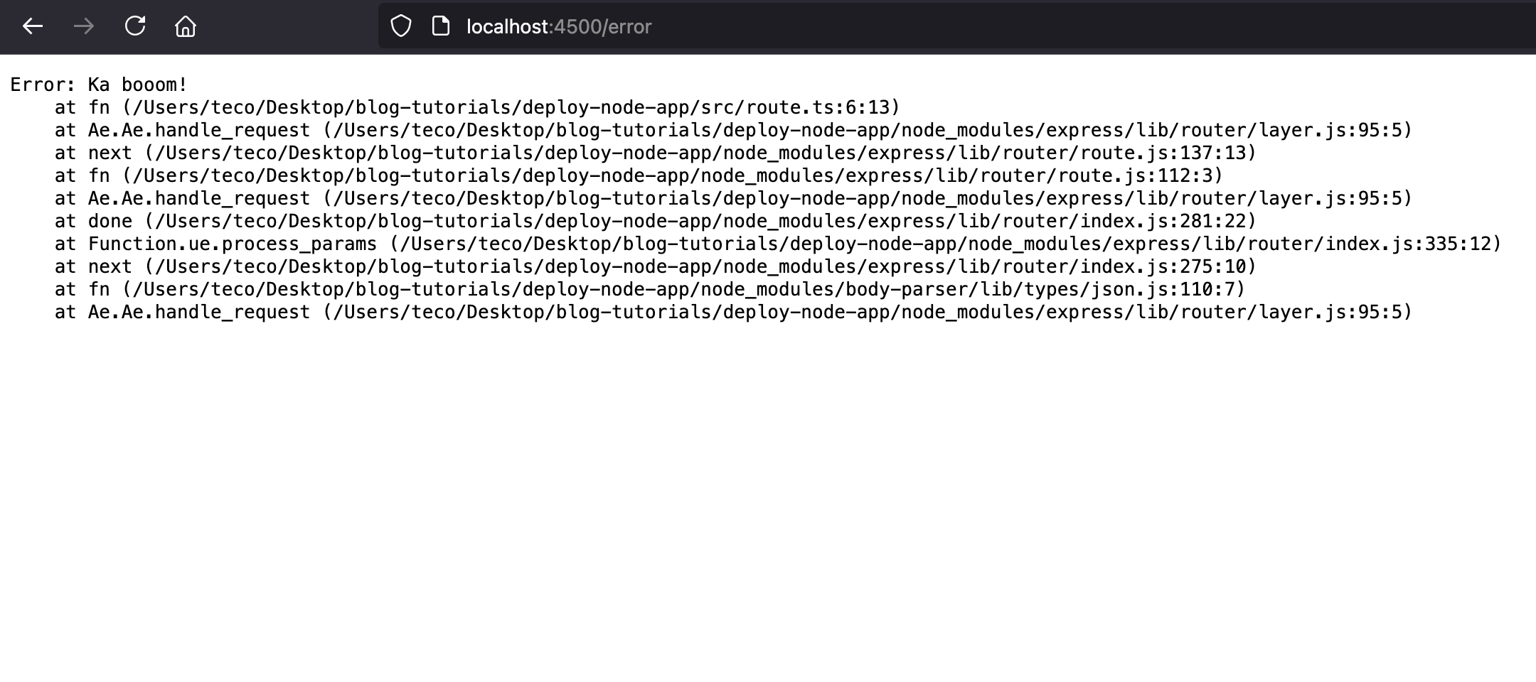 The stack trace of an error thrown in a standalone bundle file with source maps.