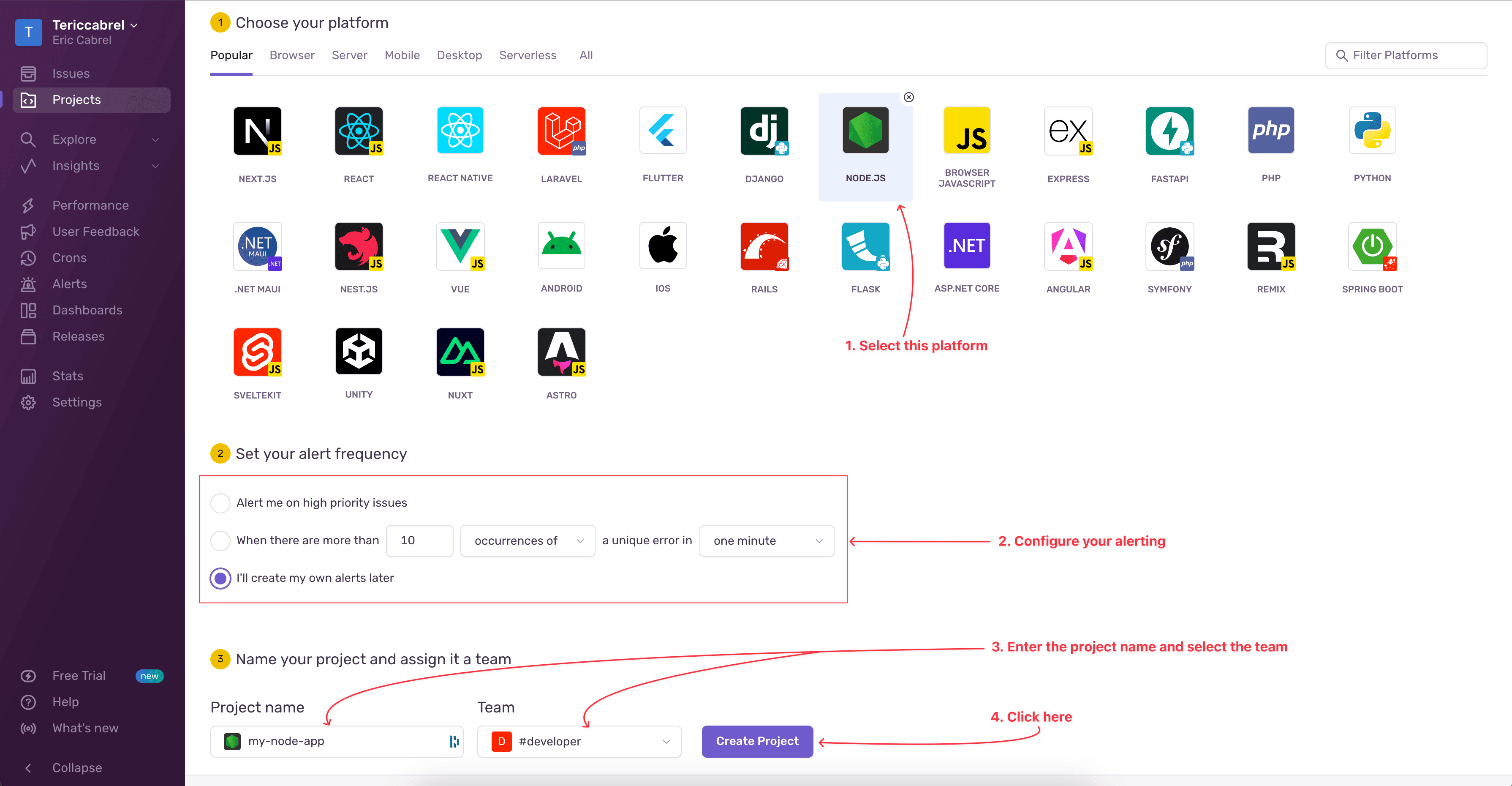 Configure a new Sentry project for a Node.js application.