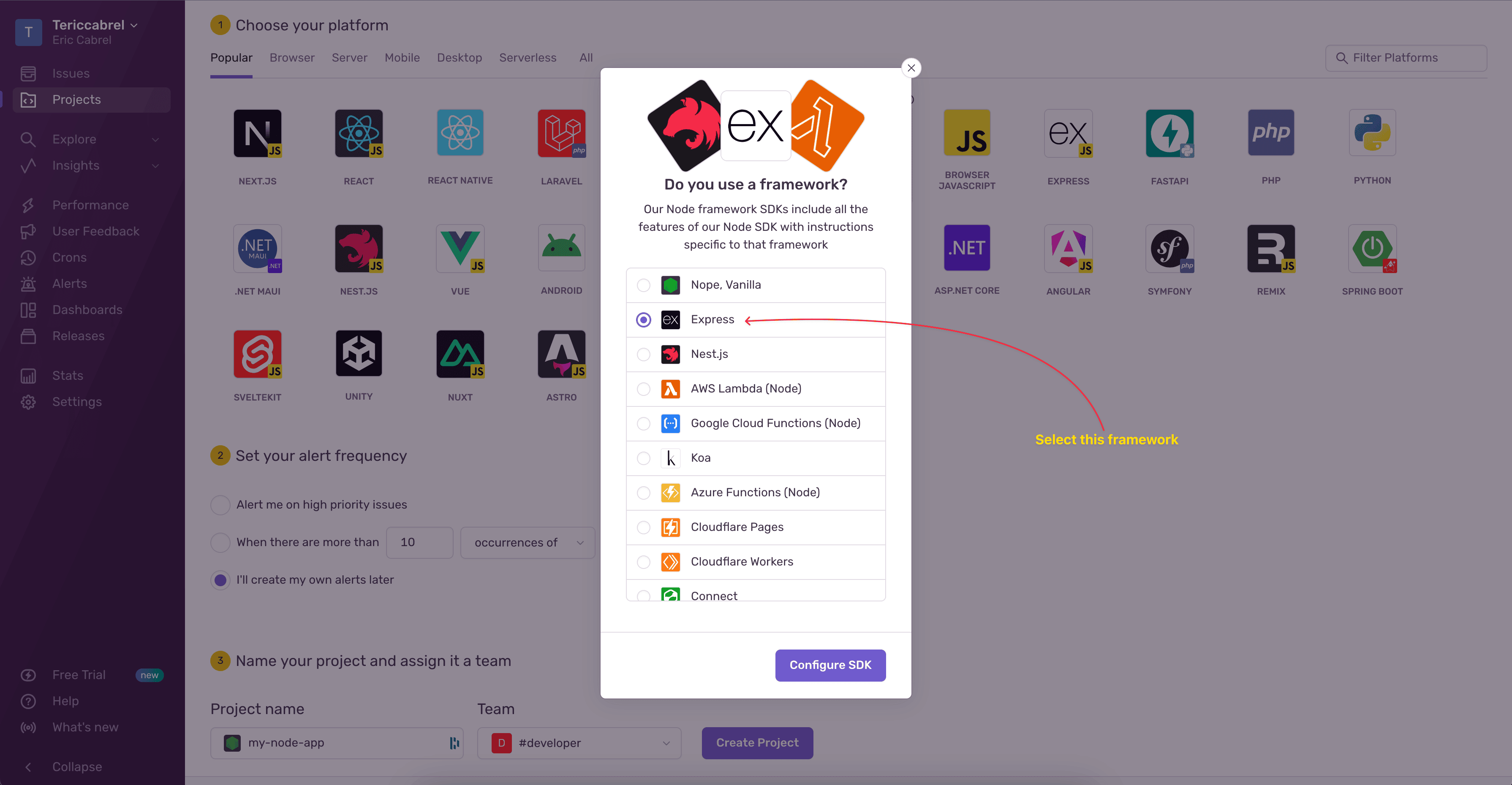 Select the Express Framework for Sentry project.