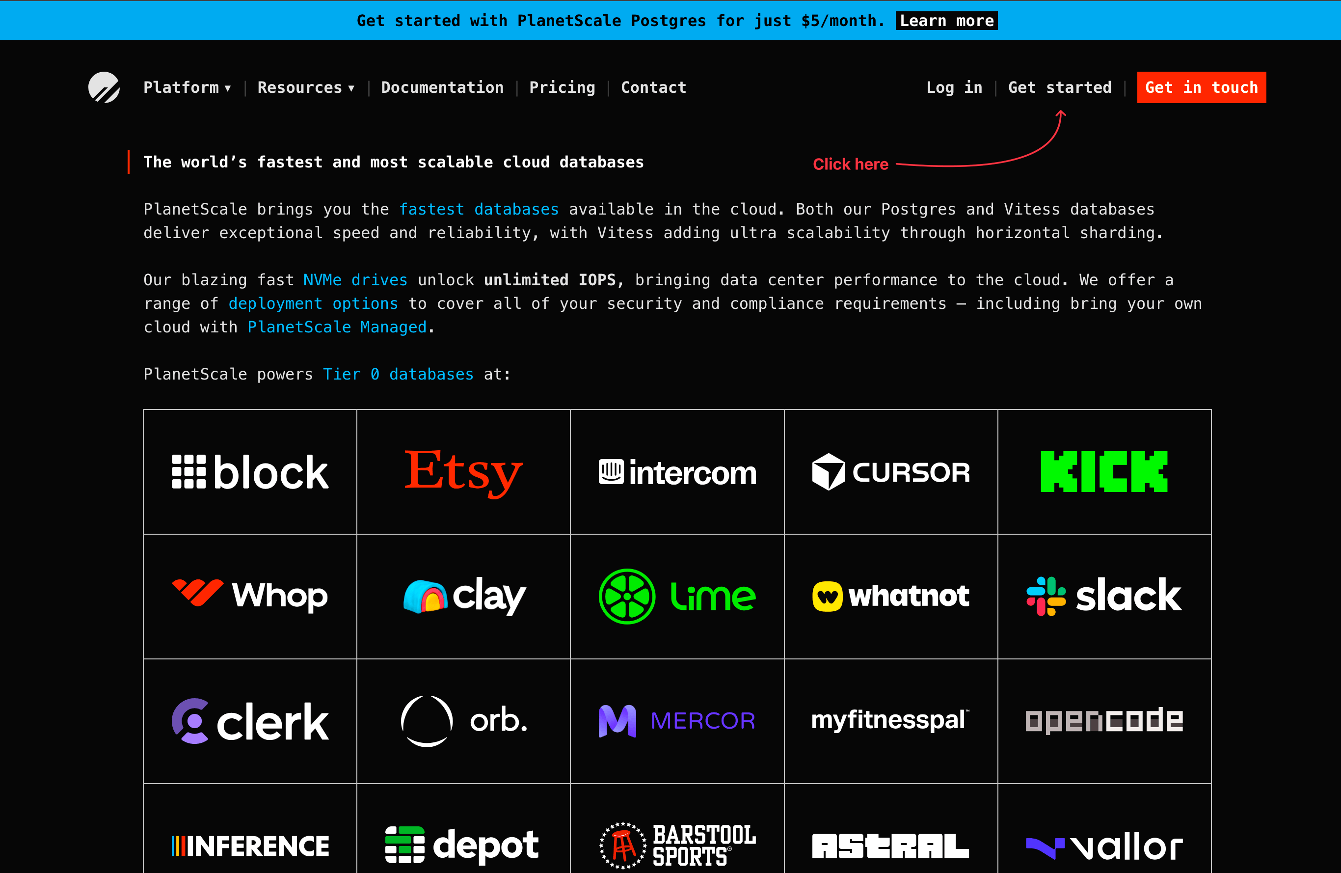 The PlanetScale home page.