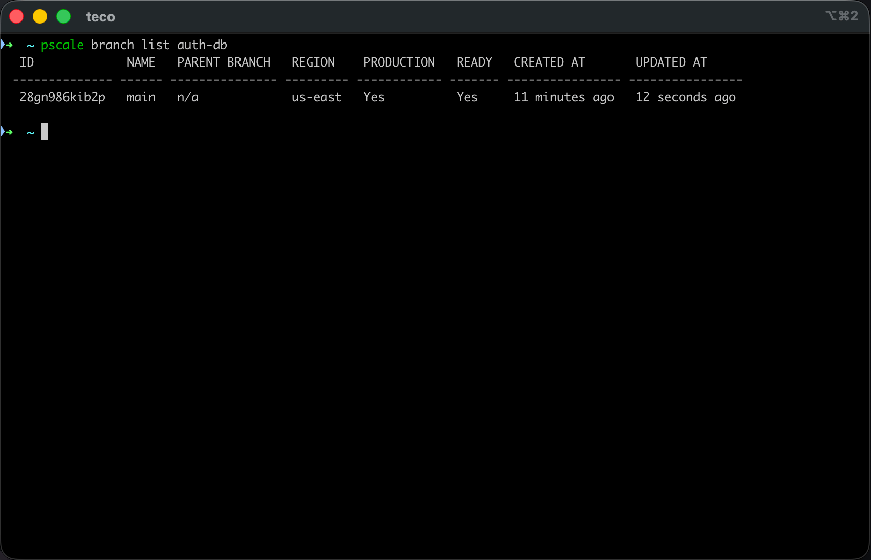 Display the database branches list with the PlanetScale CLI.