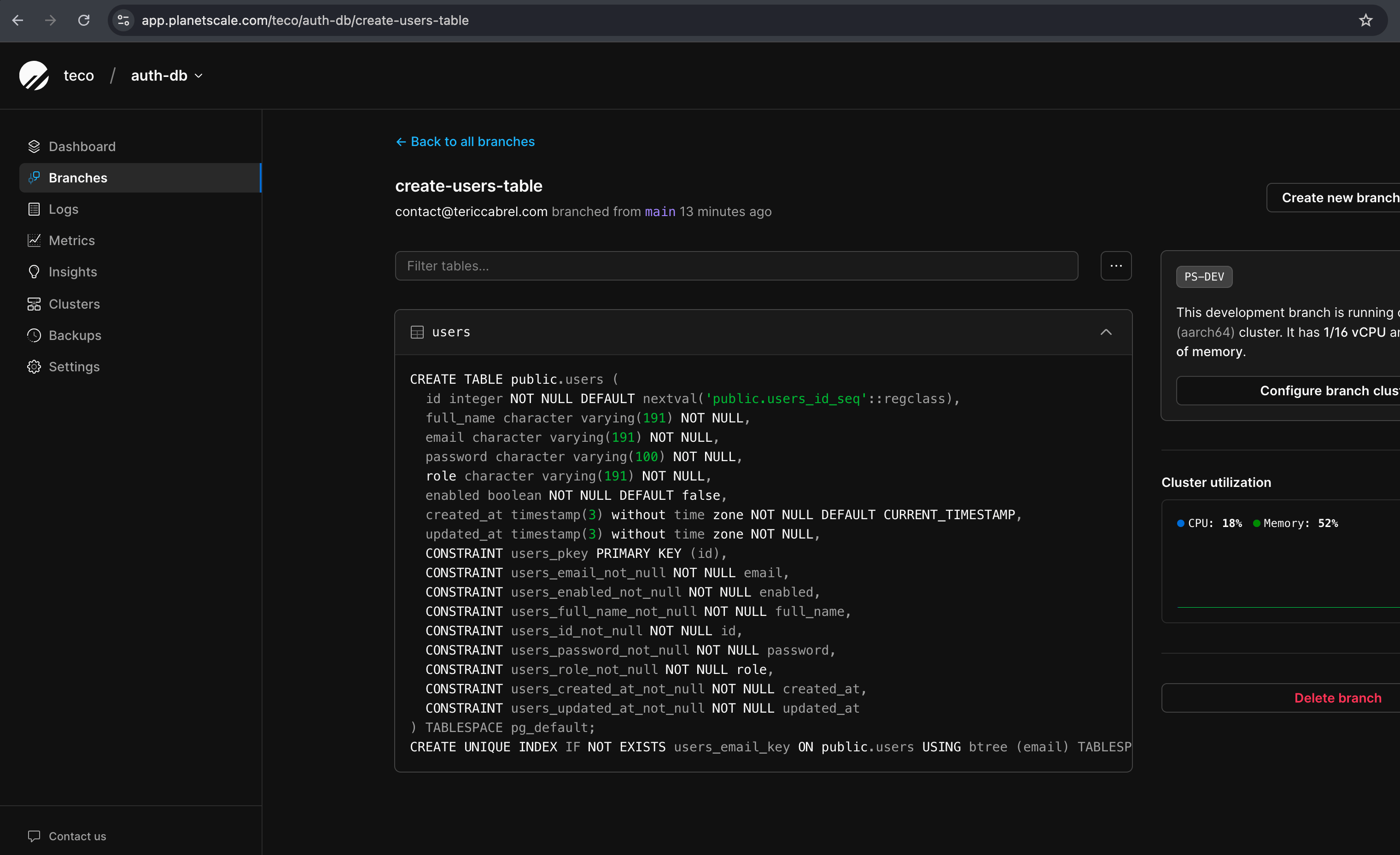View the users table schema from PlanetScale web console.