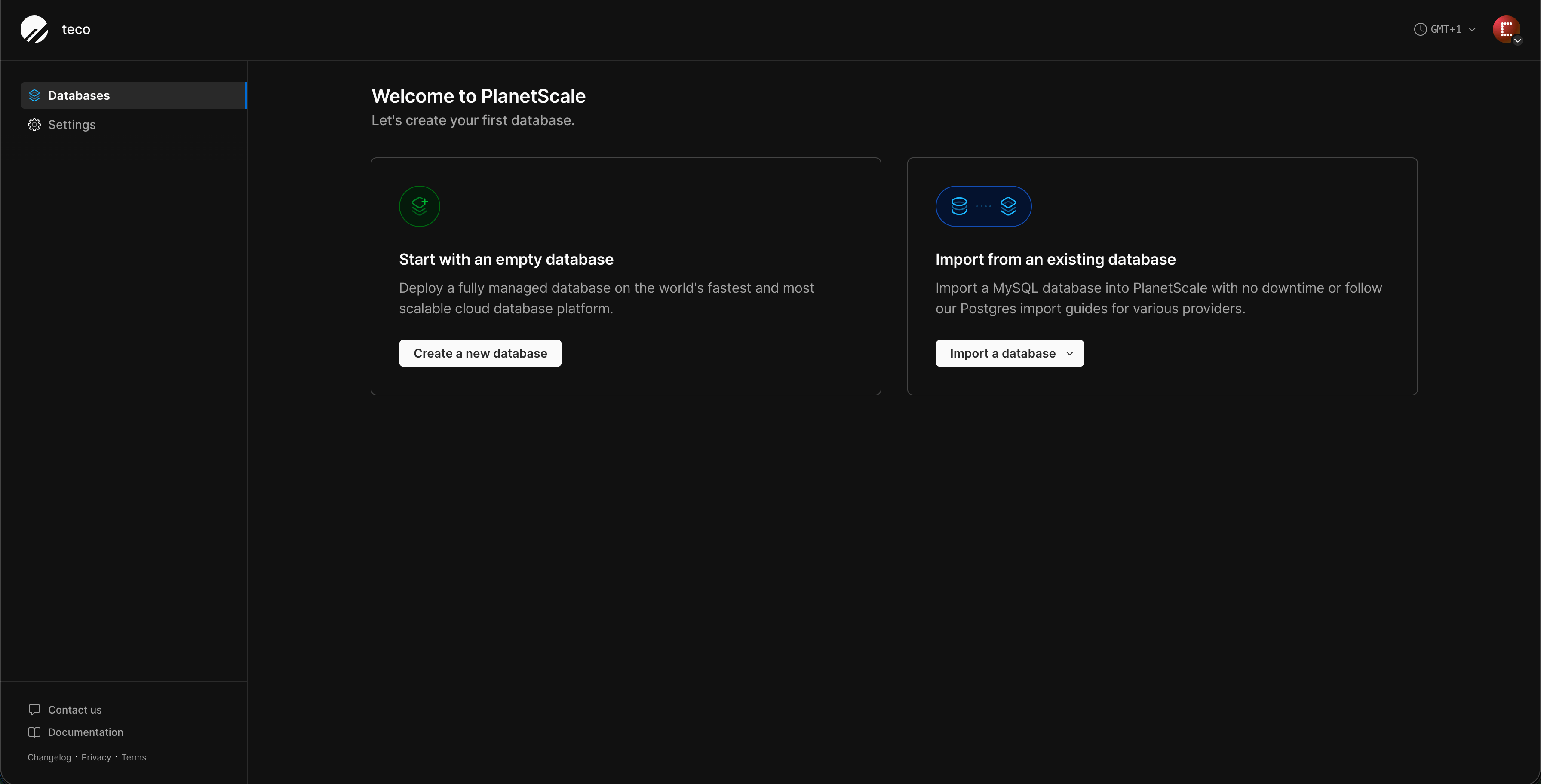 The PlanetScale welcome page.