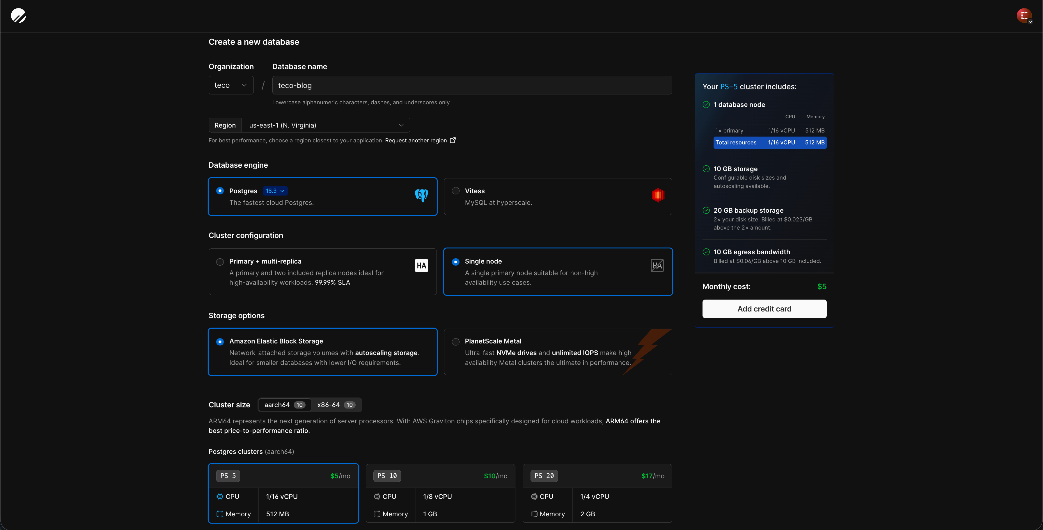 Configure a PostgresSQL database instance on PlanetScale.