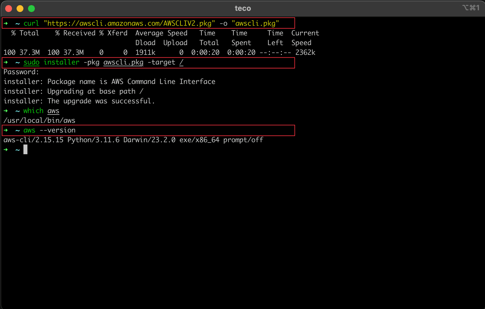 How install the aws cli v2 locally